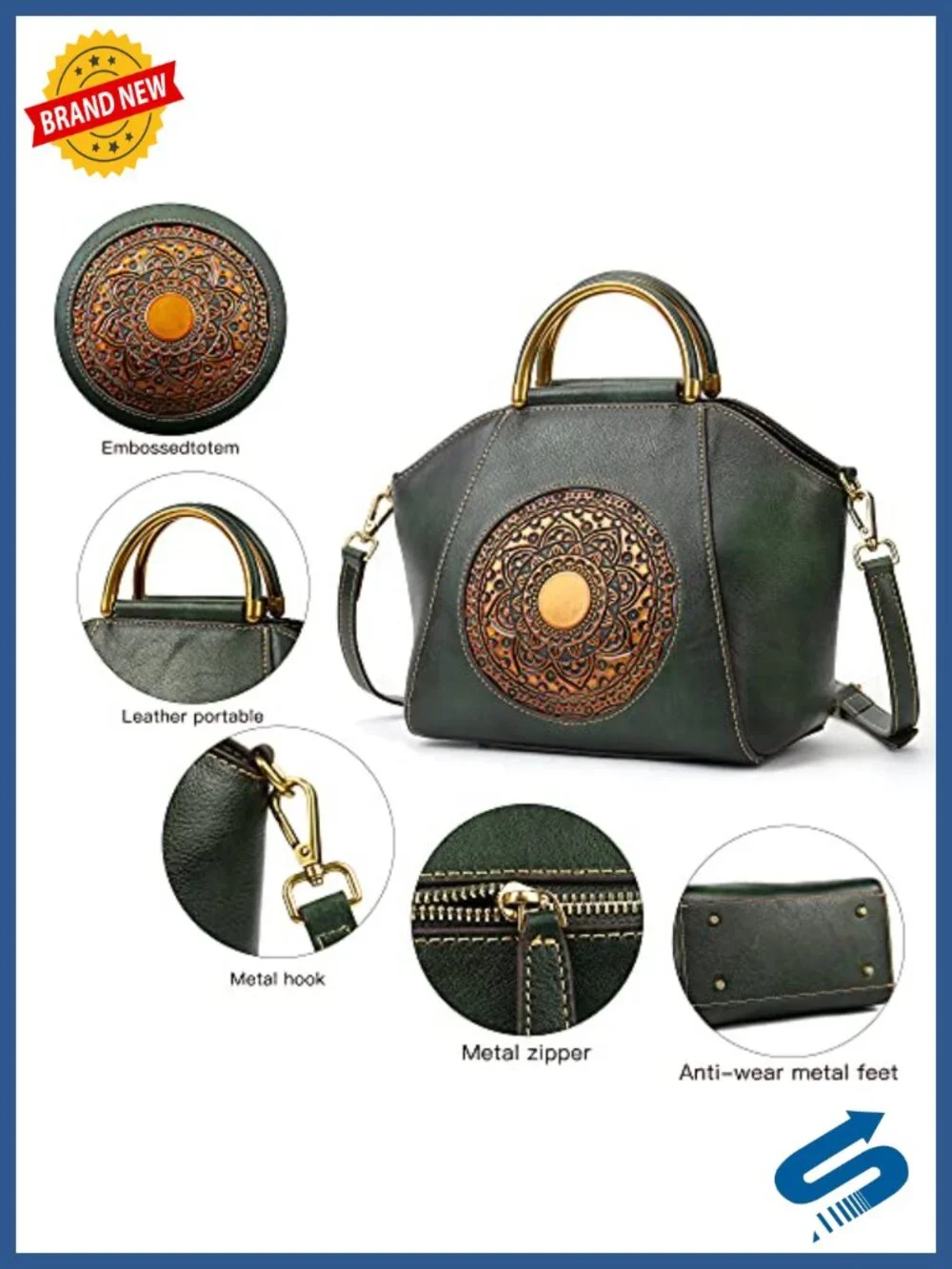 Genuine Leather Embossed Totem Satchel Handbag Top Handle Crossbody